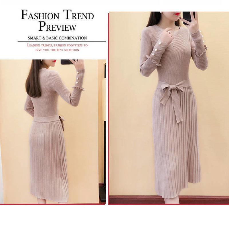 Spring and Autumn Jacket Long Sleeve Round Neck Casual Clothes Fashion Casual Pure Color Sweater Dress