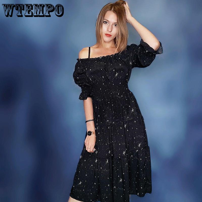 Dress Summer Women Stars Printed Off Shoulder Slim Black Dresses Girl Schoolgirl Kawaii Sweet Casual