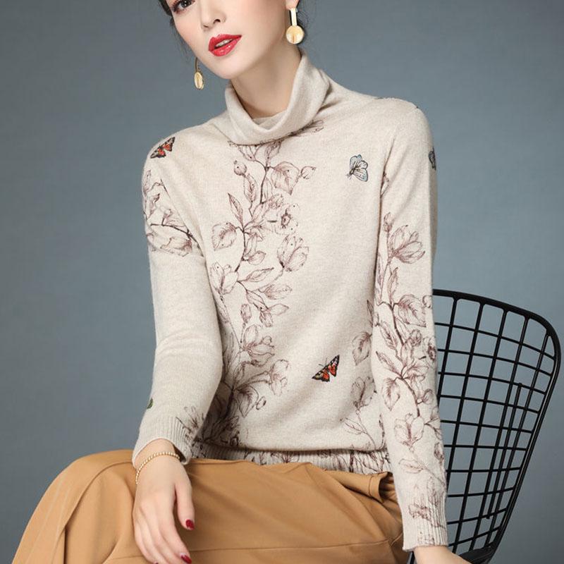 Vintage Pile Collar Turtleneck Sweater Women Short Print Knitted Sweater Bottoming Coat Autumn and Winter Pullover Sweater