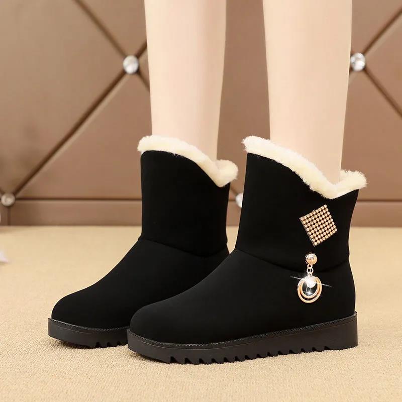 Snow Boots Women's Autumn and Winter Plus Velvet Thickened Warm Leather Surface Non-slip Waterproof Mid-tube Boots Ankle Boots