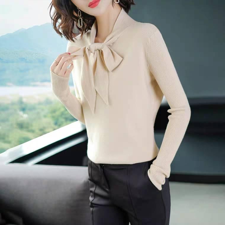Pofulove Bow Top Women's Solid Color Loose Long-sleeved Bottoming Sweater Autumn Winter Thin Tops