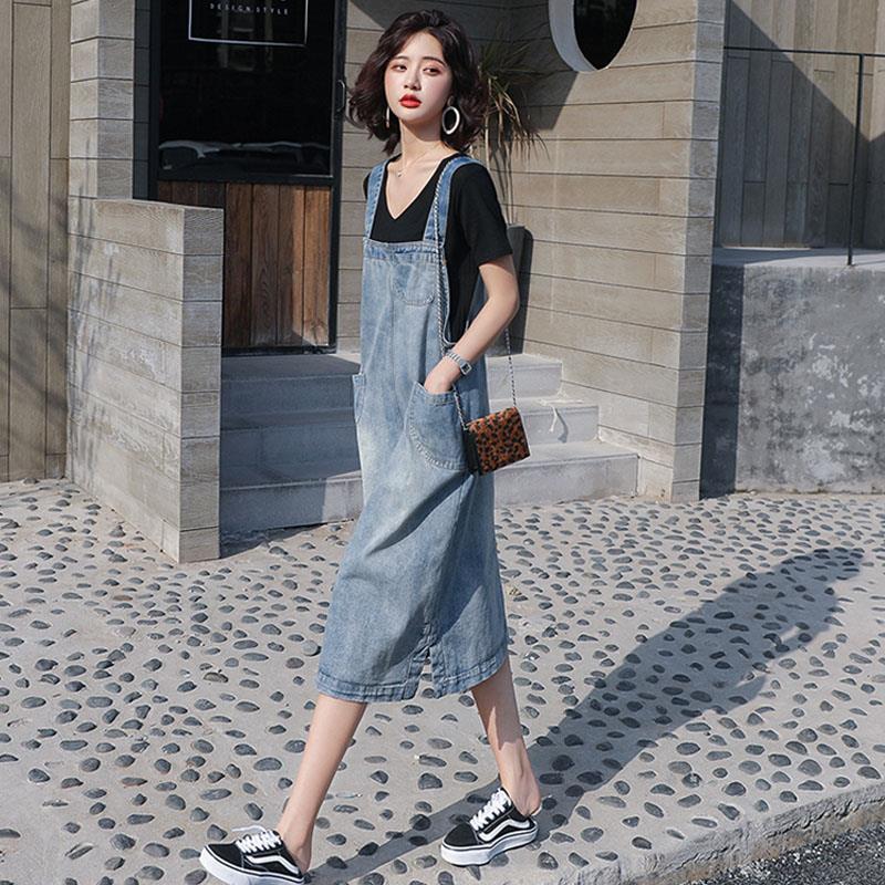 Denim Suspender Skirt Spring Summer Loose Over The Knee Mid-length Suspender Dress Thin