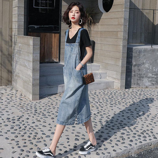 Denim Suspender Skirt Spring Summer Loose Over The Knee Mid-length Suspender Dress Thin