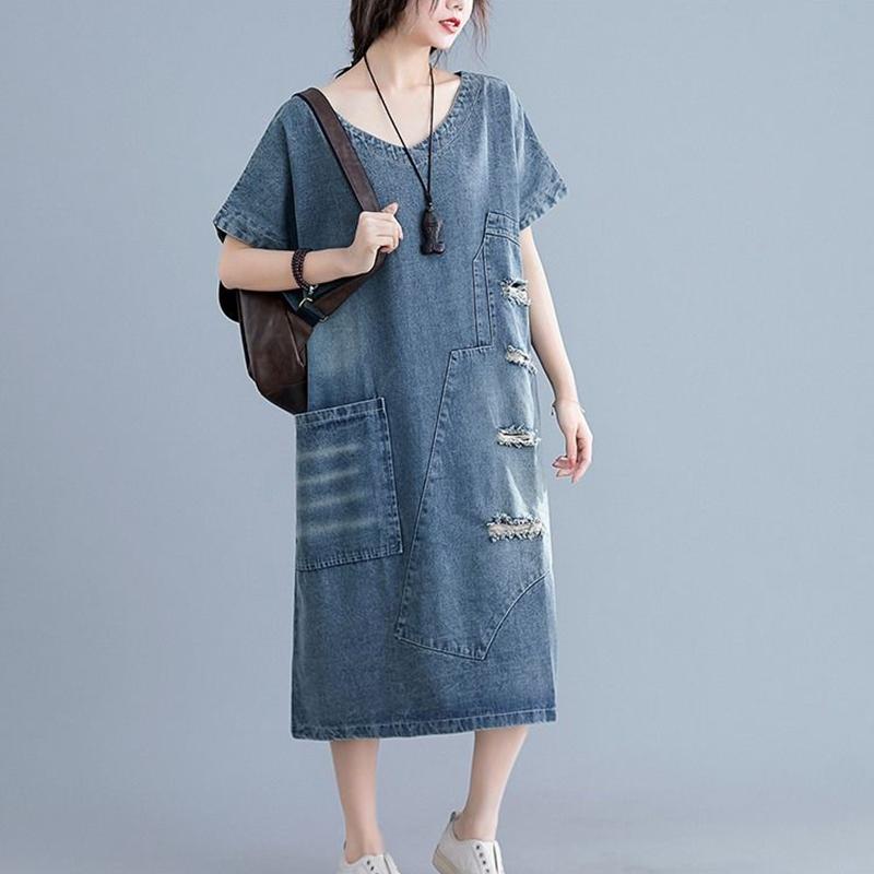 WTEMPO Loose Mid-length Frayed Dress Loose Literary Plus Size Summer Dress Denim Dress with Ripped V-neck