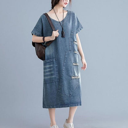 WTEMPO Loose Mid-length Frayed Dress Loose Literary Plus Size Summer Dress Denim Dress with Ripped V-neck