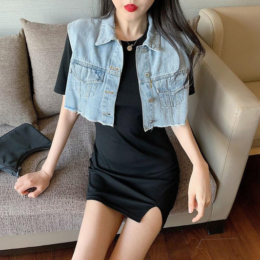 2 Pieces Ladies Dress Suits Spring and Summer Cowboy Vest Short Wild Waistcoat Short Sleeve Black Sexy Tight Dress