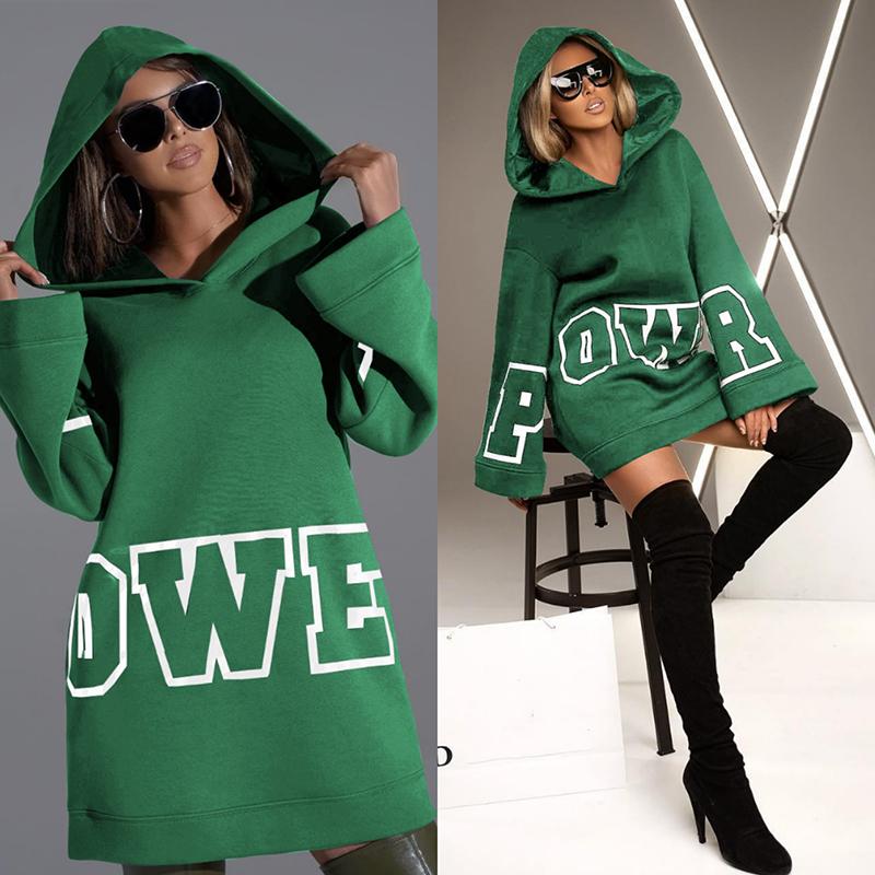 Women Hooded Dress Letter Print Loose Casual Long Sleeve Plus Size Top Winter Warm Mini Dresses