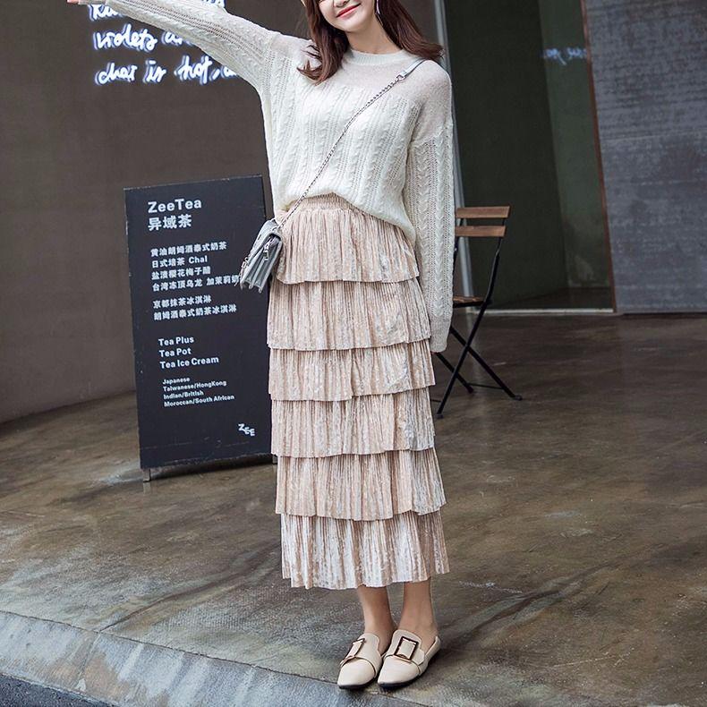Spring Autumn Pleated Skirt Womens Vintage High Waist Skirt Solid Long Skirts Casual Skirt Female