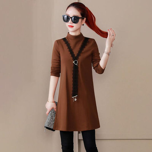 Thin Mid-length Blouse Long-sleeved Solid Color Half Turtleneck T-shirt Slim Round Neck Bottoming Shirt Women