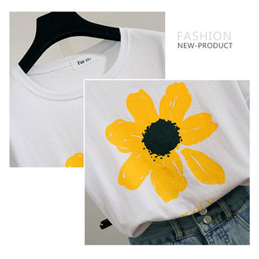 Pofulove Summer Shorts Set 2 Piece Set Top and Shorts Women Printed Short Sleeve T-shirt High Waist Denim Shorts Two-piece Set