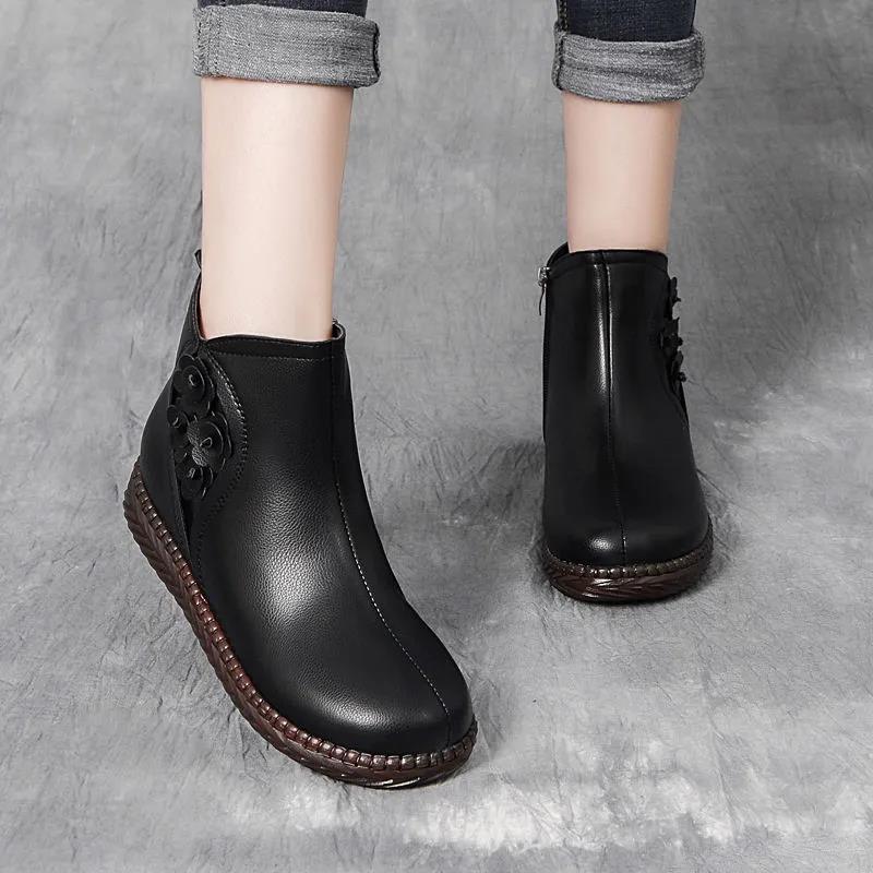 Plus Velvet Padded Cotton Shoes Short Boots Retro Anti-slip Tendon Bottom Real Soft Leather Boots Women