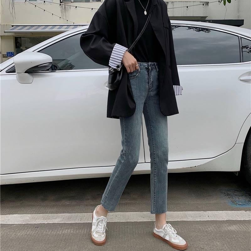 WTEMPO Spring High Waist Jeans Women Loose  Students Were Thin Retro Straight Pants Wild Nine-point Pants