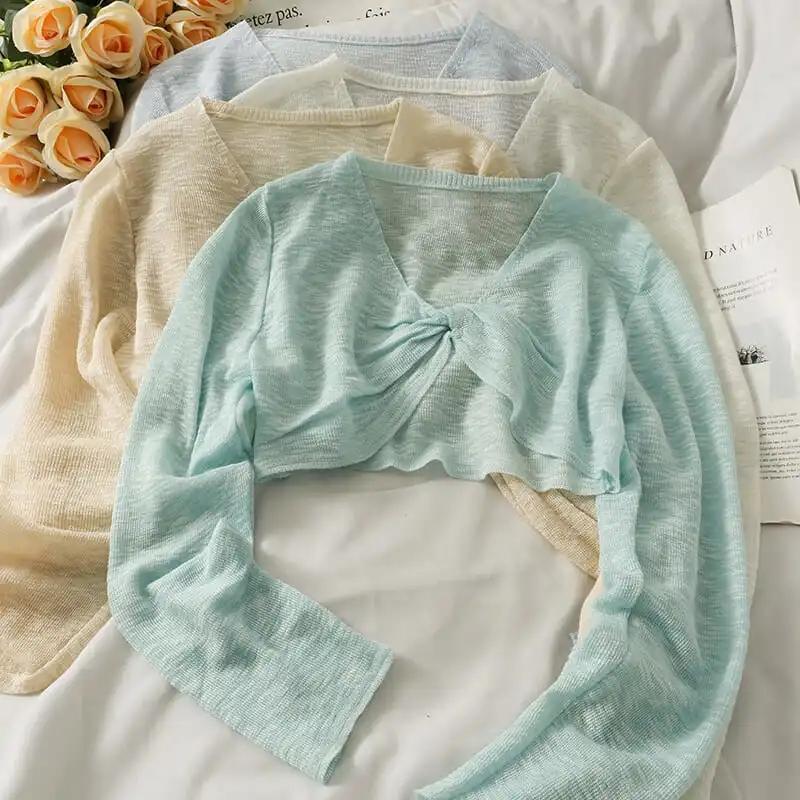 Blouse Women's Knitted Blouse Small Irregular Short Section Knotted Thin Section Summer V-neck Long-sleeved Women’s Tops
