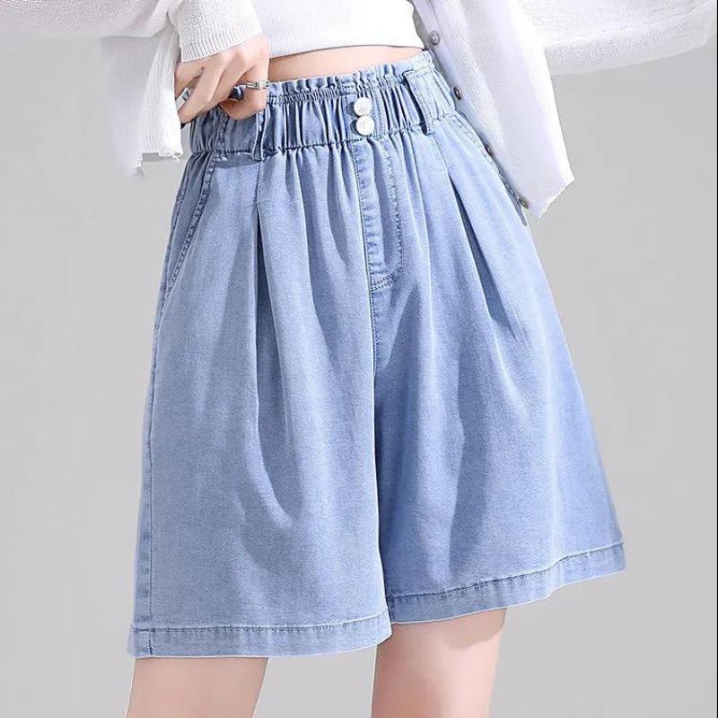 Tencel Denim Shorts Female Summer A-line High Waist Loose Ice Silk Straight Pants Wide-leg Five-point Pants