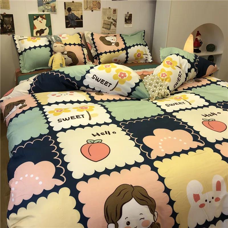 Ins Lattice Cartoon Girl Heart Bedding Four-piece Student Dormitory Three-piece Single Bed
