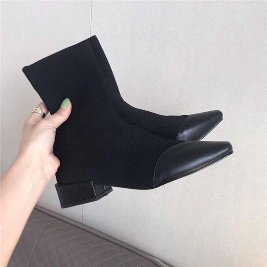 Celebrity Style Martin Boots Female Pointed Thick with Flying Woven Socks Boots