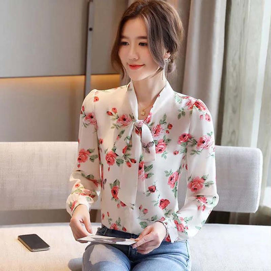 Women's Spring Autumn Chiffon Long Sleeve Top Tie Bow Print Shirt