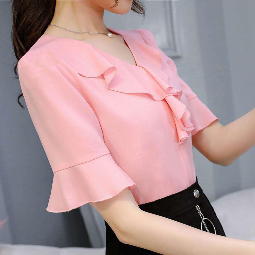 Chiffon Shirt Women's Short-sleeved V-neck Slim Slimming Casual Large Size Trumpet Sleeve Top Chiffon Temperament Shirt Easy To Wear Shirt