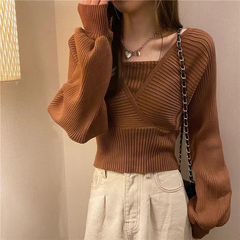 Sweater Women's Puff Sleeve Knitwear Fake Two Piece Square Neck Pullover Top Korean Loose Jumper Trendy Sweater Sexy