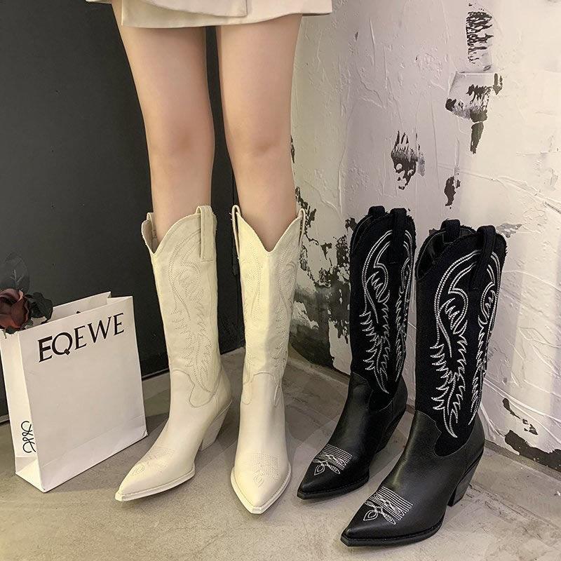 Women's Knee-high Leather Boots Autumn Winter High Boots Thick Heel Martin Boots Western Cowboy Boots