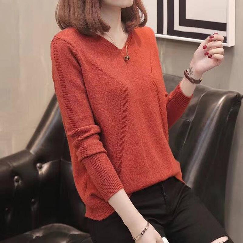 Winter Women V-neck Thickened Pullover Back Buckle Loose Office Warm Undershirt Sweatshirt