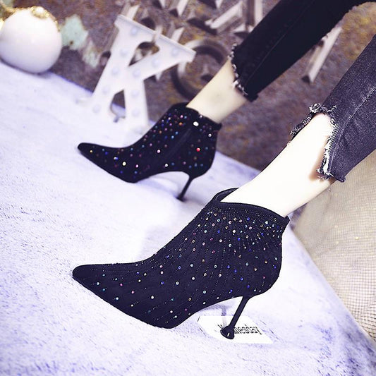 European style Pointed Toe High Heel Ankle Boots for Women Slip-On Basic Thin Heels Summer Shoes