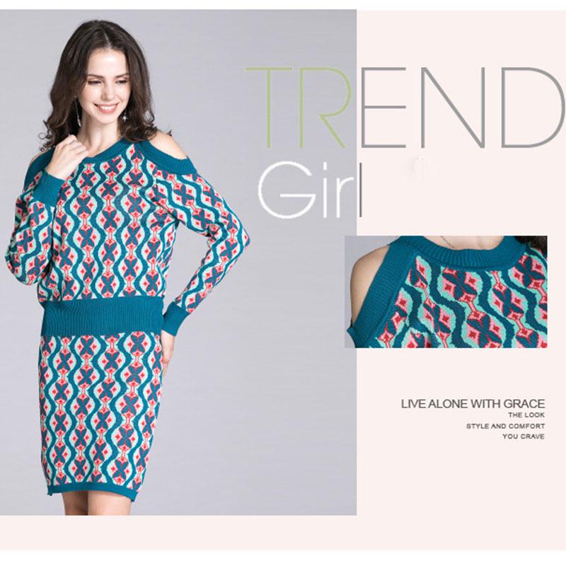 Women's Sweater Skirt Set Vintage Printed Off-shoulder Knitted Sweater Top and Bodycon Knitted Skirt Two-piece Set Female Outfits