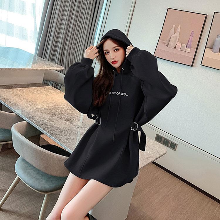 Women's Spring and Autumn Large Size Hooded Sweater Mid-Length Lace-Up Design Top Long Sleeve Pullover Sweater Dress