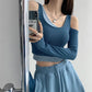 Eye-catching Off-the-shoulder Long-sleeved T-shirt Women's Contrast Color Stitching Fake Two-piece Short Top