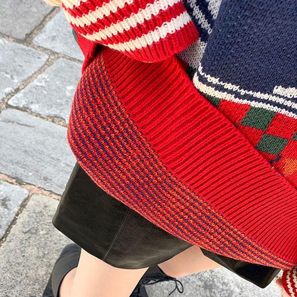 Red Sweater Women Loose Pullover Student Knit Sweater Students All-match Casual Lapel Diamond Print Knitted Sweater Outer Wear Autumn Winter