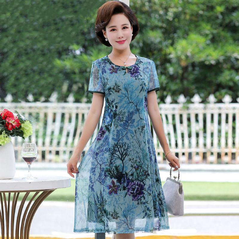 Plus Size Summer Dress for Women  Mid-length  Printed Over-the-knee Floral Dress Chiffon Dress