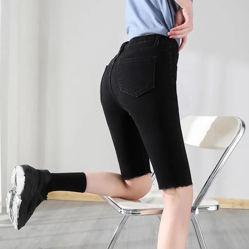 Denim Shorts Women's Spring and Summer High Waist Slim Five-point Pants Black Straight Leg Pants Tight Riding Pants