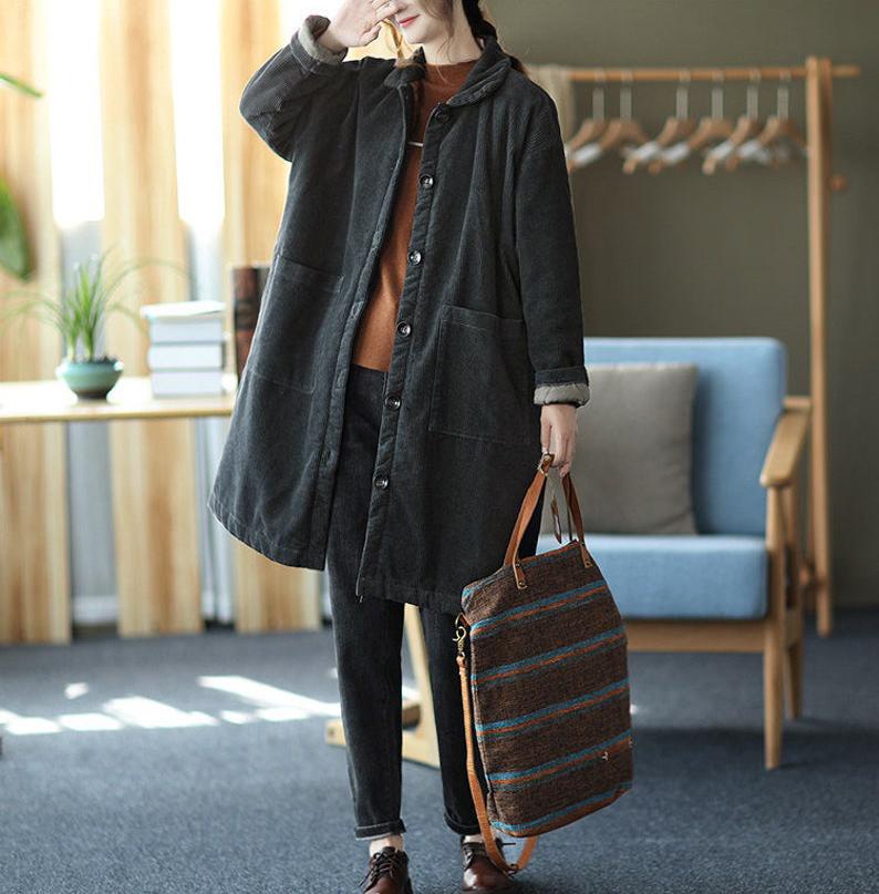 Winter Thick Corduroy Long Coat Mid-length Large Size Warm Jacket Ladies Corduroy Windbreaker Large Size Corduroy Handmade Trench Coat