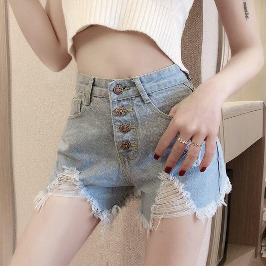 WTEMPO Net Red High Waisted Breasted Denim Shorts Female Summer Retro Slim Thin Hole Sexy Pants Tide