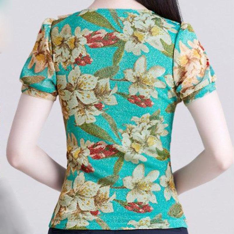 Women's Short Sleeve T-Shirt Summer V-Neck Loose Print Cropped Top