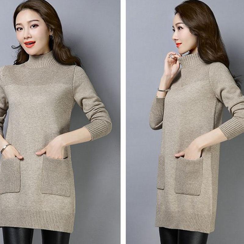 Autumn and Winter Half High Neck Pullover Sweater In The Long Section Loose Thick Bottoming Shirt Simple Solid Color Women's Sweater Dress