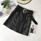 Black PU Skirts Women Faux Leather Skirt Women Elegant Tie Belt Waist Mini Skirts Female Ladies IP