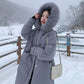 White Duck Down Jacket with Feather Collar Female Mid-length Over-the-knee Korean Thick Loose Horn Buckle Bread Jacket