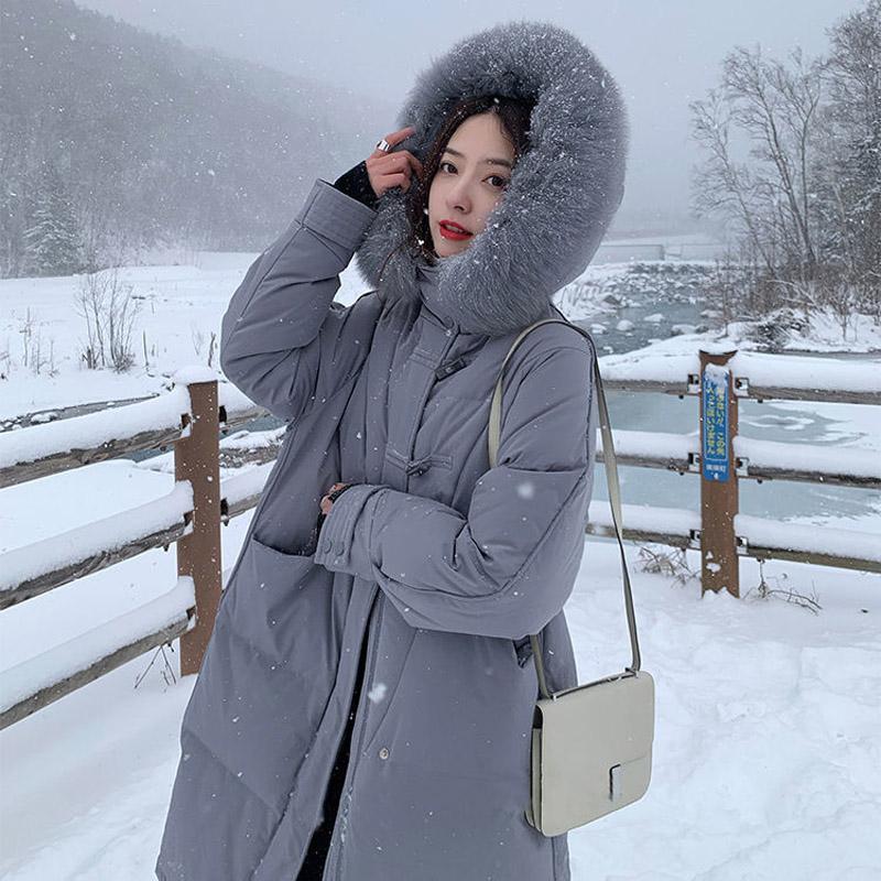 White Duck Down Jacket with Feather Collar Female Mid-length Over-the-knee Korean Thick Loose Horn Buckle Bread Jacket