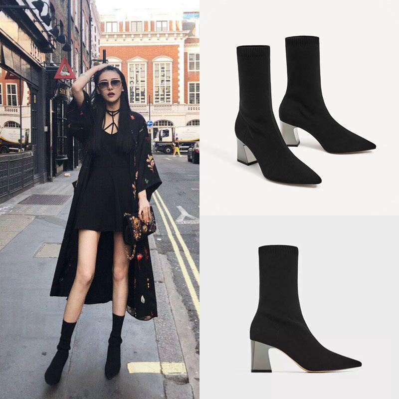 Thick -Heeled High -Heeled Boots Women 'S Wild Black Pointed Toe Boots Stretch -Knit Medium Tube Martin Boots