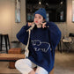 Pofulove Autumn Winter Round Neck Sweater female Loose Wild  Cartoon Pattern Knitted Thin Sweater