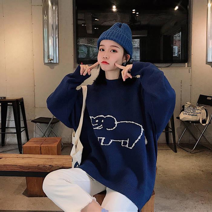 Pofulove Autumn Winter Round Neck Sweater female Loose Wild  Cartoon Pattern Knitted Thin Sweater