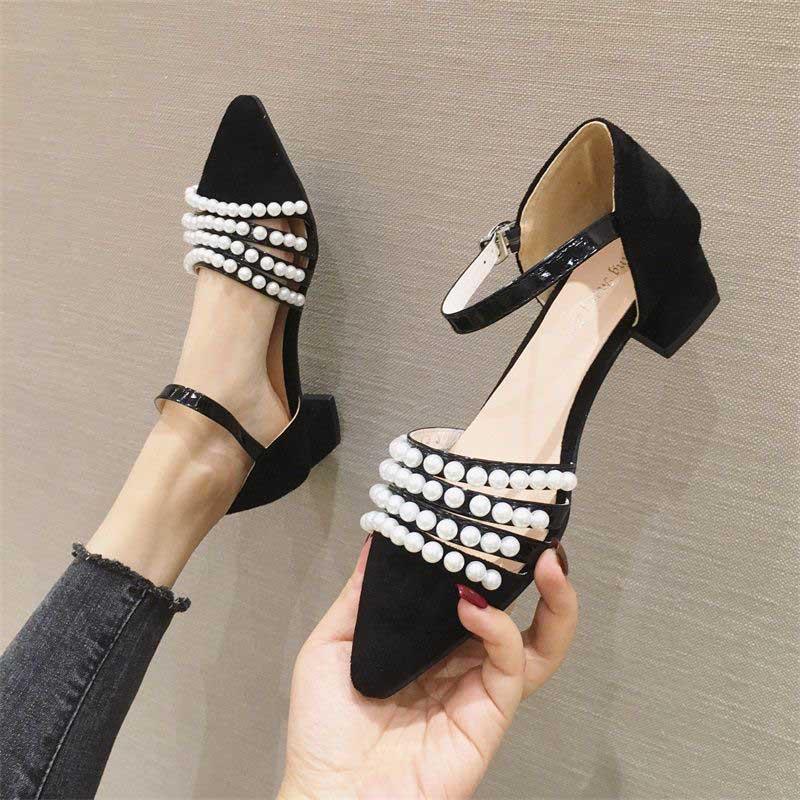 Plus Size 35-39 Summer Women Bohemian Prom High Heels Wear-resistant Non-slip Office Lady Sandals Pearl Shoes