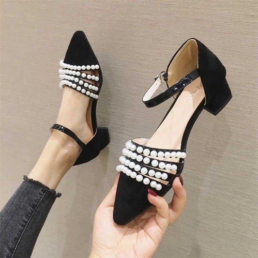 Plus Size 35-39 Summer Women Bohemian Prom High Heels Wear-resistant Non-slip Office Lady Sandals Pearl Shoes