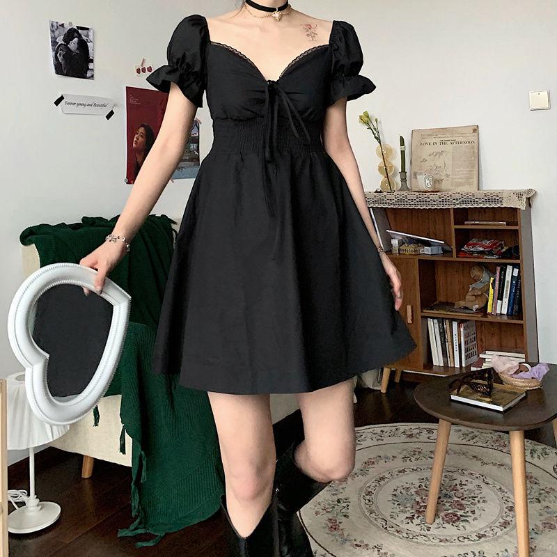 Loose Black A-line Skirt Sexy Puff Sleeve Short Dress