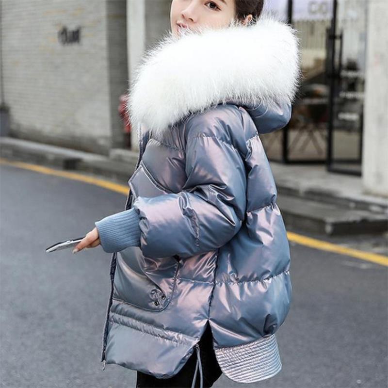 Women's Shiny Hooded Down Jacket Regular Korean Style Loose Thick Coat Warm Cotton Coat with Big Leather Collar Winter Jacket Quilted Jacket