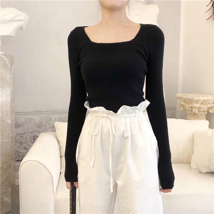 Pofulove Open Collarbone Square Collar Shirt Sweater Female Tight Bottoming Slim Student Sweater