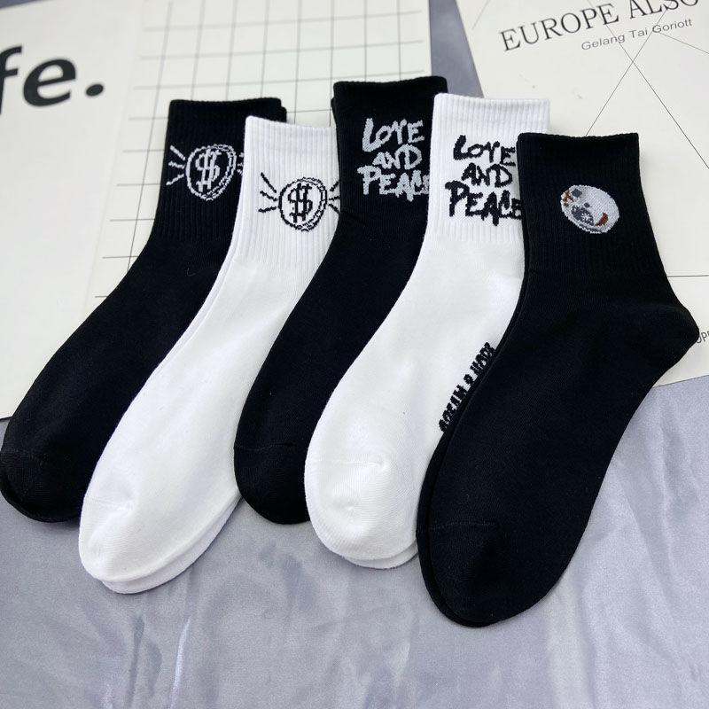 5 Pairs of Men's Cotton Hip-hop Style Skateboard Socks Cartoon Pattern Socks Breathable Soft Tube Socks