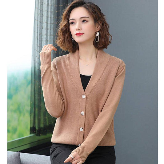 Autumn and Winter V-neck Cardigan Sweater Long-sleeved Loose Crop Top Knitted Solid Color Female Sweater