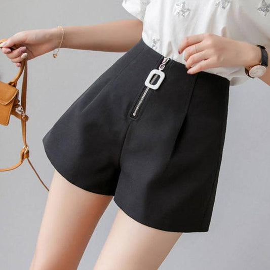 Pofulove Summer Women High Waist Zipper Chiffon Wide Leg Pants Casual Loose Slim Mini A-line Pants